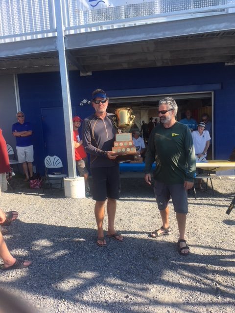 Barney Harris and Dave Smith holding Aggregate Trophy at the 2018 Canadians Regatta